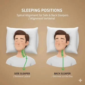 Illustration of a person using a goose down pillow for spinal alignment while side sleeping.