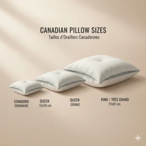 A size chart comparing Standard, Queen, and King goose down pillows with bilingual English and French labels.