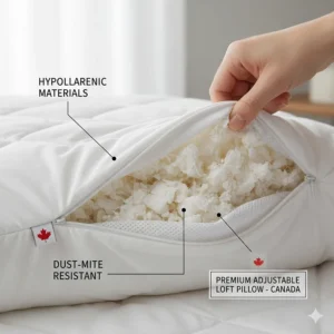 Close-up of hypoallergenic, dust-mite-resistant materials inside a premium adjustable loft pillow sold in Canada.