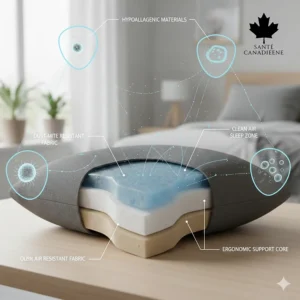 Graphic highlighting hypoallergenic, dust-mite resistant materials in an anti-snoring pillow for health-conscious Canadians with allergies.