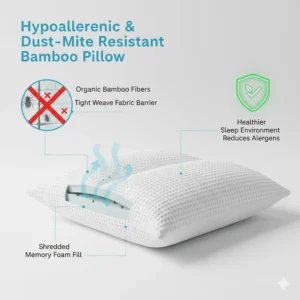 Illustration highlighting the hypoallergenic and dust mite resistant properties of bamboo fabric for sensitive Canadian skin.