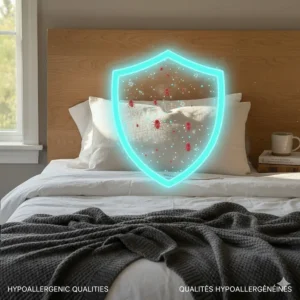 Illustration highlighting the dust-mite resistant and hypoallergenic properties of buckwheat pillows for Canadian allergy sufferers.