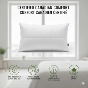 An icon set showcasing hypoallergenic and eco-friendly certifications for premium Canadian hotel quality bed pillows.