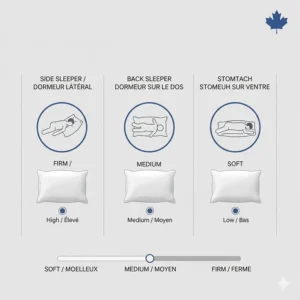 Firmness scale for hypoallergenic pillows ranging from soft to firm (moelleux ร ferme) for Canadian side and back sleepers.