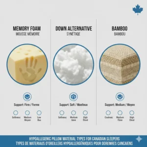 A comparison chart of hypoallergenic pillow materials like bamboo and microfiber for Canadian shoppers.