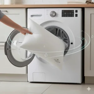 Diagram showing a down alternative pillow hypoallergenic being placed in a washing machine for easy care.