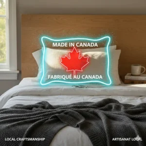 A minimalist icon featuring a maple leaf and a pillow, representing locally sourced and manufactured Canadian buckwheat pillows.