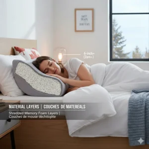 Detailed view of shredded memory foam layers inside a premium side sleeper pillow sold in Canada.