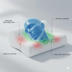 Diagram showing how a memory foam pillow for neck pain redistributes weight to eliminate pressure points during sleep.