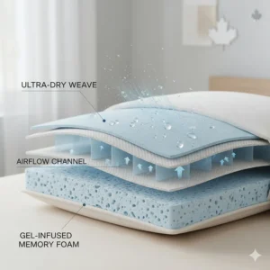 Diagram of breathable fabric layers in a cooling pillow designed for humid Southern Ontario summers.