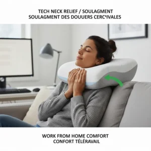 Illustration depicting a Canadian professional finding relief from "tech neck" using a cervical pillow after a long day at the desk.