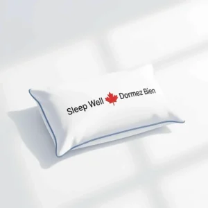 Stylized icon of a pillow with "Sleep Well" and "Dormez Bien" text, highlighting Canadian bilingual appeal.