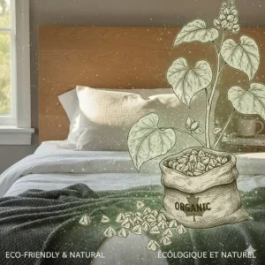 Hand-drawn illustration of natural, pesticide-free buckwheat hulls used in sustainable Canadian bedding.