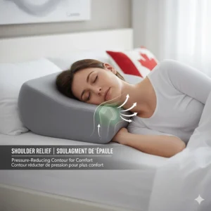Illustration of a contoured pillow providing pressure relief for the shoulder of a side sleeper.