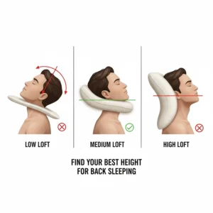 Illustration comparing low, medium, and high loft pillows to find the best height for back sleeping.