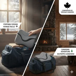 Illustration of a compact anti-snoring pillow being packed for a weekend trip to a Canadian cottage or cabin for travel-friendly snore relief.