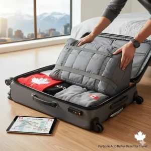 Illustration of a foldable wedge pillow for acid reflux being packed into a suitcase for a trip across Canada.