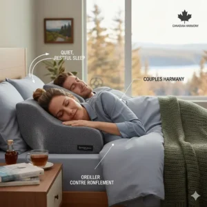 A happy couple sleeping quietly in a modern Canadian home thanks to an effective anti-snoring pillow (oreiller contre le ronflement).