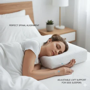 Side view illustration of a sleeper in Canada using an adjustable loft pillow to maintain perfect spinal alignment.