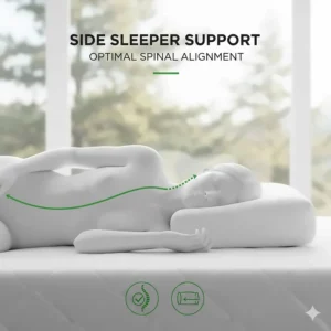 An illustration demonstrating proper neck and spine alignment for side sleepers using a firm hotel quality bed pillow.