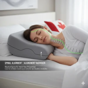 Diagram showing how a pillow for side sleepers maintains neutral spinal alignment to prevent neck pain.