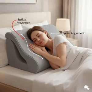 Illustration of a side sleeper positioned on a contoured wedge pillow designed to alleviate acid reflux and heartburn.