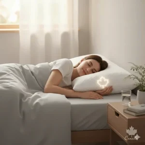 Minimalist illustration of a person sleeping soundly on a cooling bamboo pillow with a maple leaf accent for Canadian appeal.