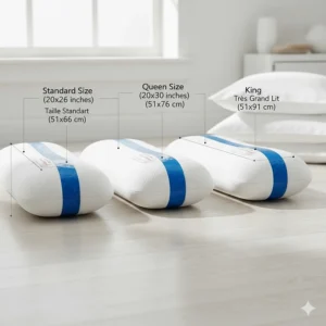 Illustration showing a standard Queen size cooling gel memory foam pillow dimensions suitable for Canadian bedding standards.