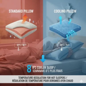 Comparison chart showing temperature differences between a standard pillow and a specialized cooling pillow for hot sleepers.