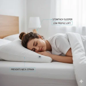 Illustration showing an adjustable loft pillow at its lowest height setting, perfect for Canadian stomach sleepers.