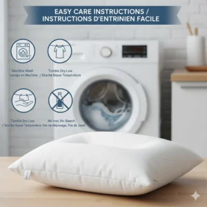 A simple diagram showing how to wash and maintain an affordable quality pillow to ensure it stays fresh.
