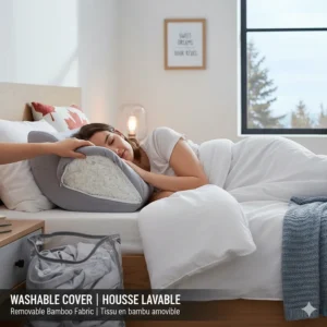 A removable, machine-washable bamboo cover for a side sleeper pillow (oreiller pour dormeurs sur le côté).