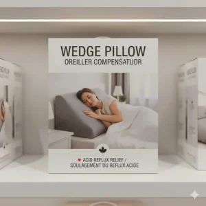 Product illustration of a wedge pillow for acid reflux with bilingual English and French Oreiller compensateur labeling.