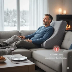 An illustration of a Canadian homeowner relaxing on a sofa using a wedge pillow to manage GERD symptoms after a meal.