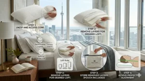 Visual guide on adjusting pillow loft height for the perfect side-sleeping position and cervical support.