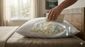 Illustration of removing memory foam fill to adjust the loft of an affordable pillow for side sleepers.