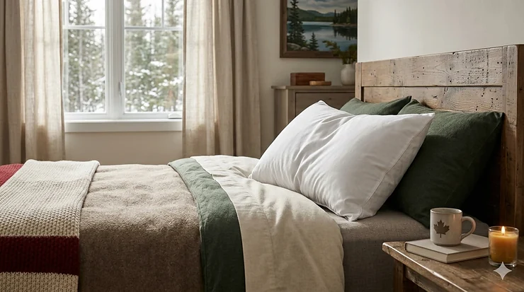 A plush, affordable pillow for side sleepers on a bed with a warm duvet, perfect for cold Canadian winters.