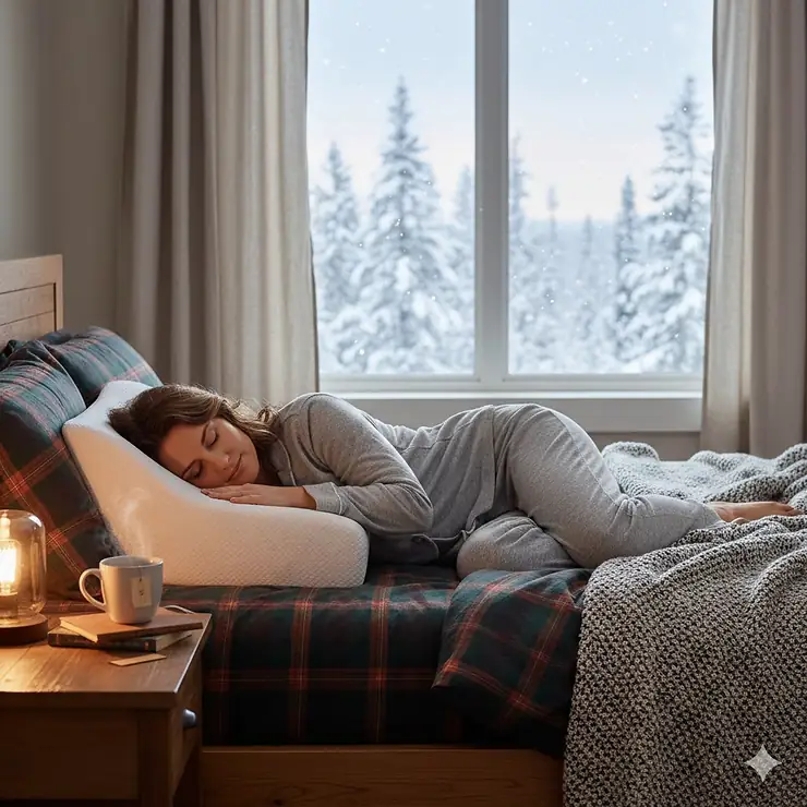 A woman sleeping comfortably on a contour pillow for side sleepers in a cozy bedroom with Canadian winter views.
