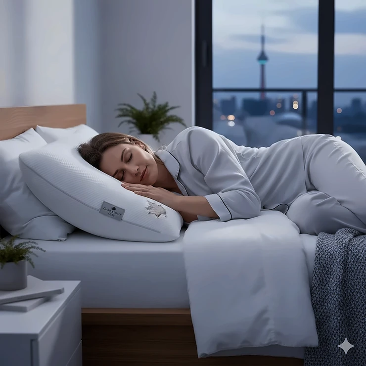 A Canadian side sleeper resting comfortably on a cooling gel memory foam pillow in a modern bedroom setting.