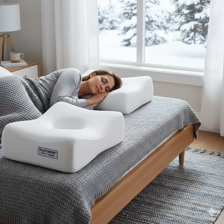 A person sleeping comfortably on their side in a cozy bedroom, using a versatile pillow for combination sleepers designed for Canadian homes.