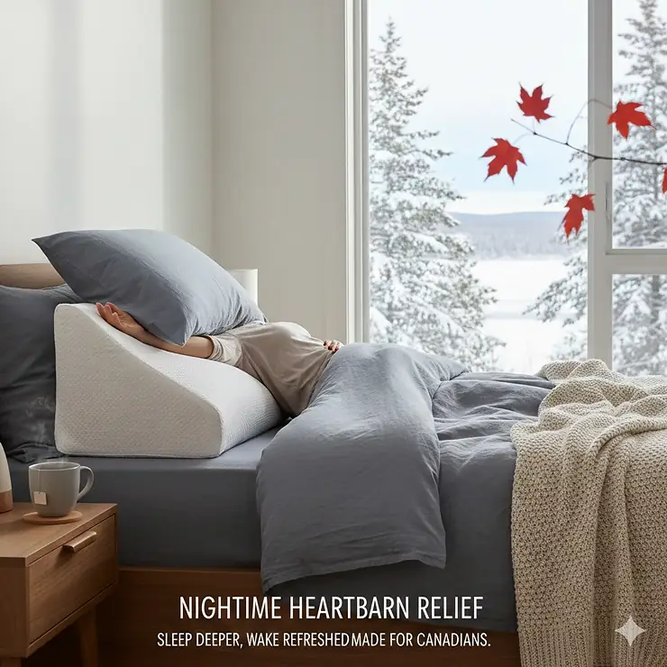 A premium wedge pillow for acid reflux sleep positioned in a cozy Canadian bedroom, helping relieve nighttime heartburn symptoms.