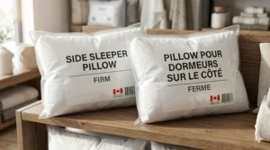 Product packaging for an affordable pillow for side sleepers featuring English and French text for Canadian shoppers.