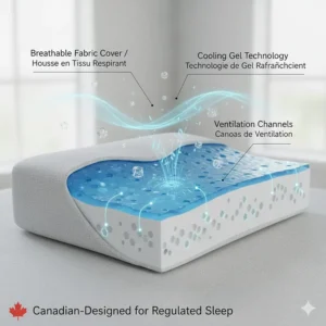 Illustration of cooling gel technology in a cervical pillow, ideal for regulated sleep during Canadian summers.