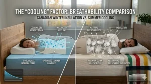 Comparison of breathability in down pillows and cooling technology in memory foam for year-round Canadian comfort.
