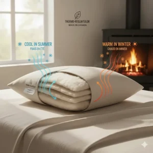 Diagram showing how an organic wool pillow regulates temperature for cool summers and warm Canadian winters.