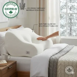 Illustration showing the CertiPUR-US seal on a memory foam pillow for side sleepers, indicating eco-friendly and non-toxic materials.