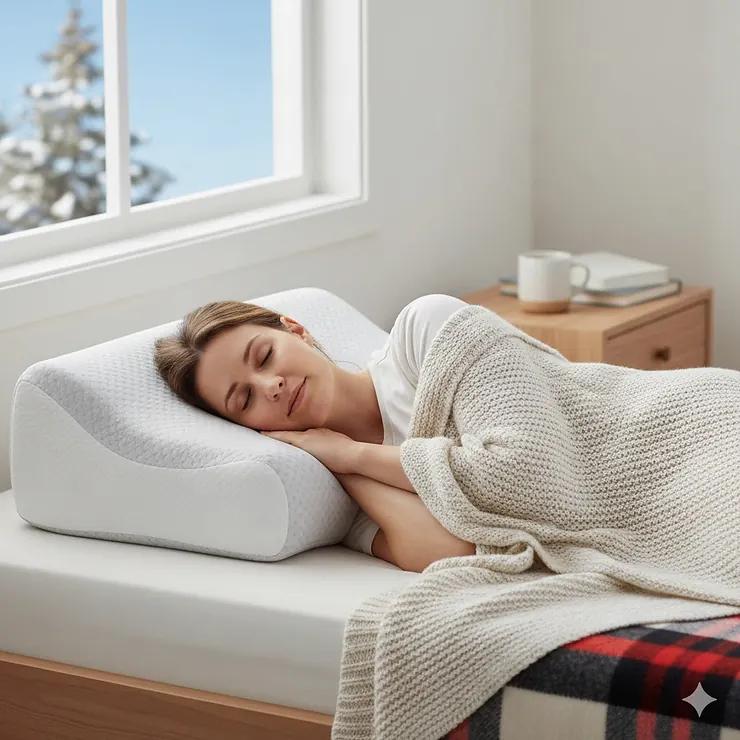 A Canadian woman resting comfortably on an ergonomic cervical pillow for back sleepers in a bright, modern bedroom.