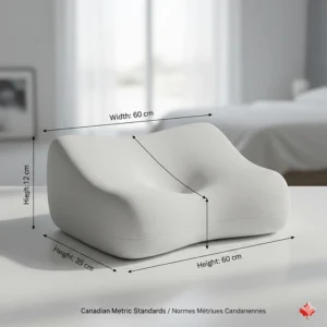 Dimensions of an ergonomic neck pillow shown in centimeters, catering to Canadian metric standards.