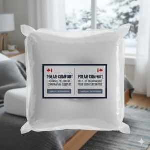 Product packaging for a pillow for combination sleepers featuring English and French Canadian labeling.