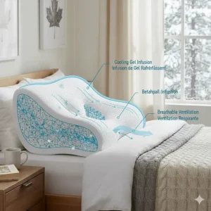 Cross-section illustration of a cooling gel memory foam pillow for side sleepers to prevent overheating during sleep.